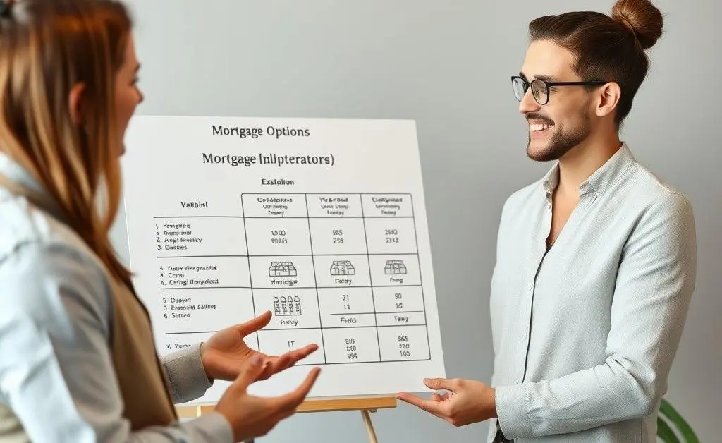 A friendly financial advisor explaining mortgage options using an illustration board.