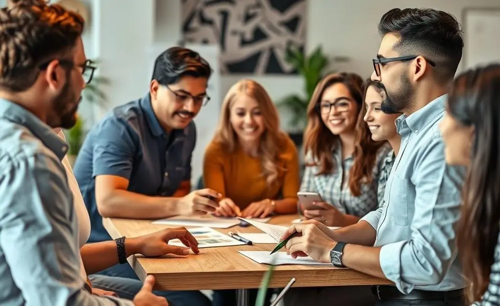 Visual of diverse creative professionals exchanging portfolio ideas.
