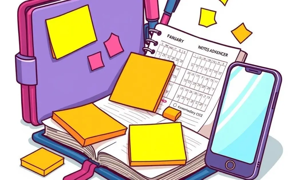 Colorful organization tools like sticky notes, a planner, and a smartphone