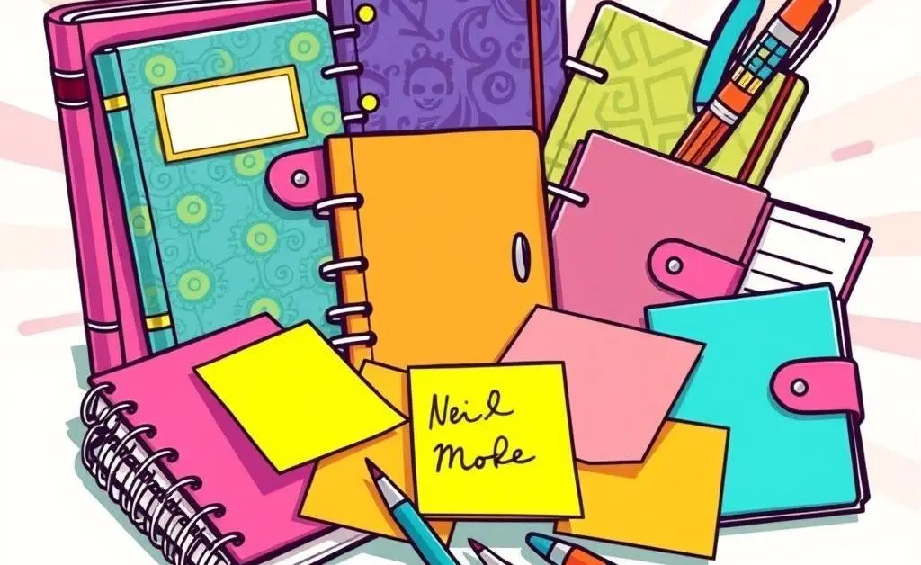 A cartoon-style image of various organization tools like planners, sticky notes, and pens.