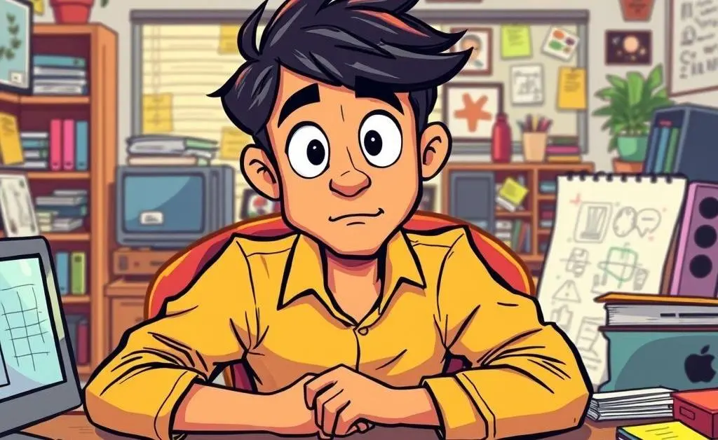 Cartoon image of a person brainstorming with post-it notes and sketches for portfolio ideas.