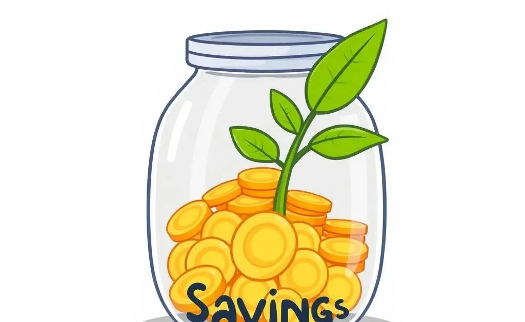Jar labeled 'Savings' with coins and plant