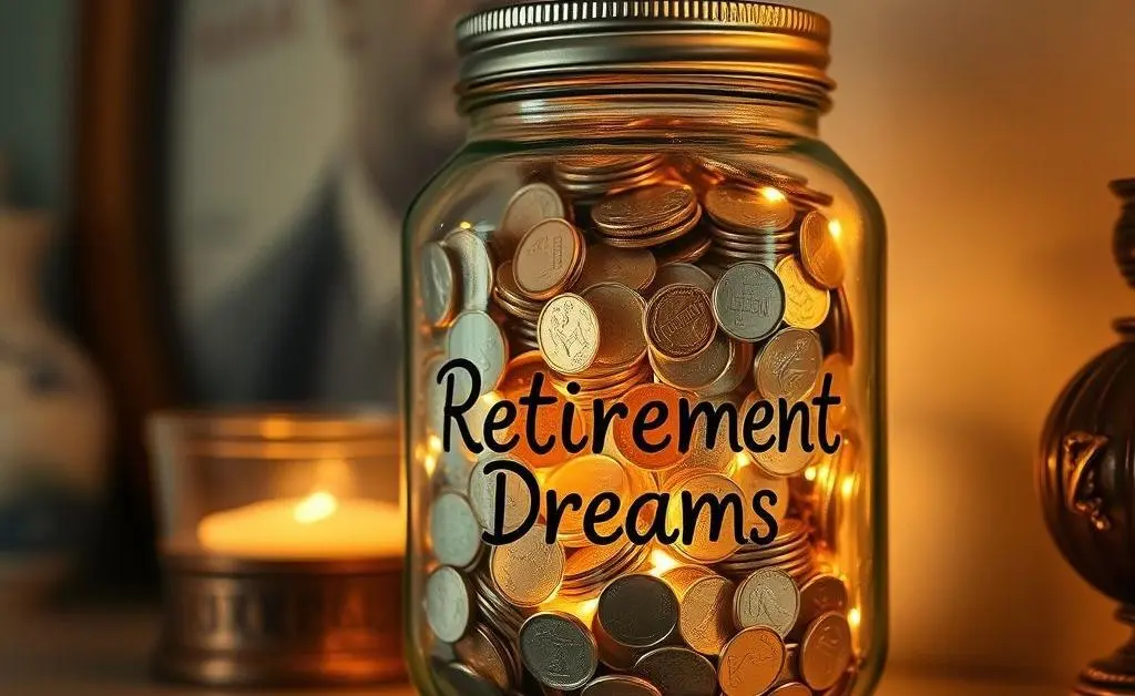 A whimsically decorated jar labeled 'Retirement Dreams' filled with coins, emphasizing creative savings methods.