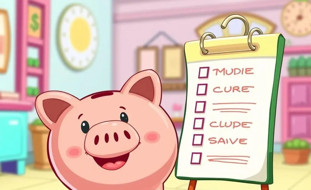 A cartoon image of a piggy bank and a checklist representing a creative savings plan