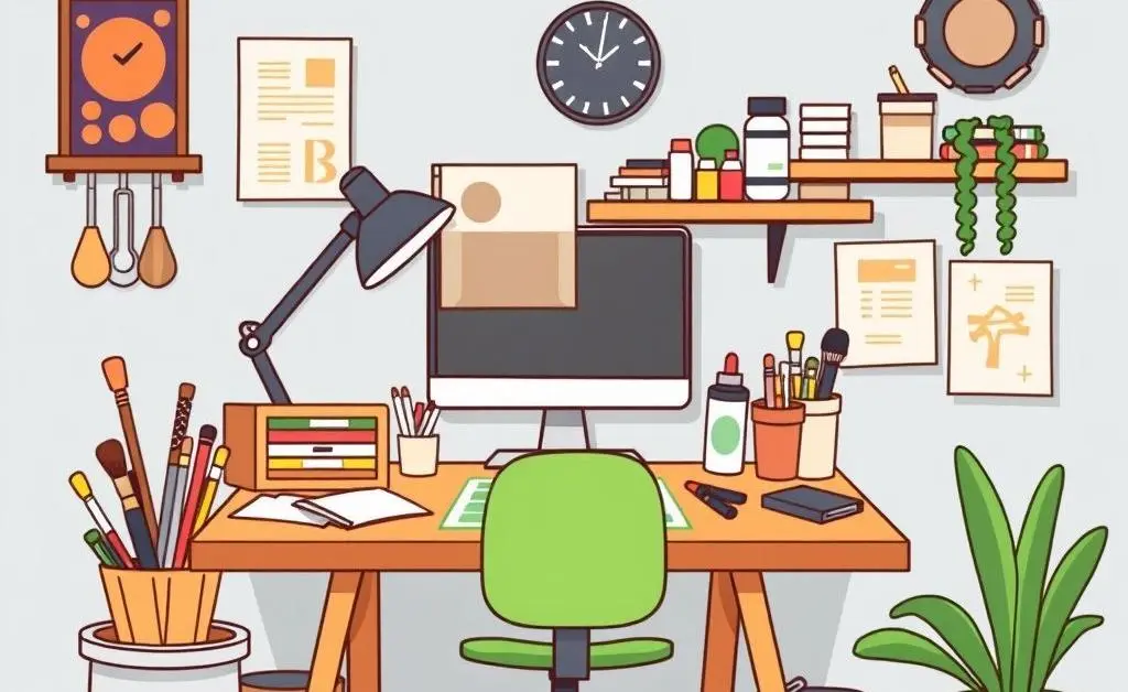 Cartoon representation of a creative side gig workspace, encouraging resourcefulness