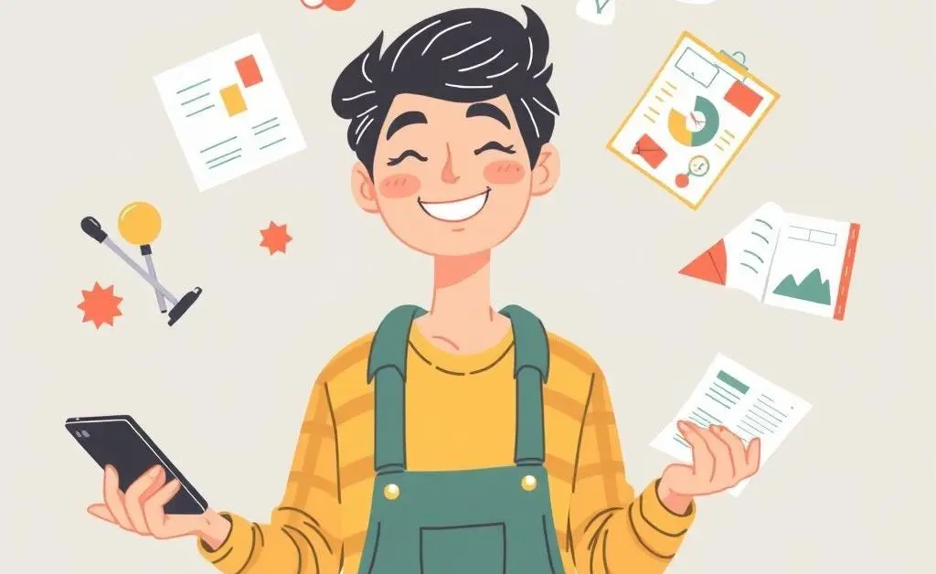 Illustration of a person juggling different creative projects, smiling and relaxed.