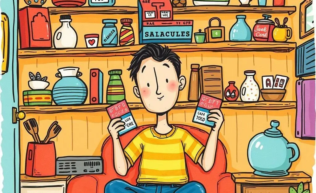 A creative hand-drawn illustration of someone using gift cards for household items creatively