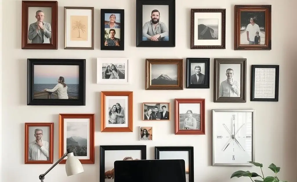 A wall in a study area decorated with personal photos and art, framed creatively.