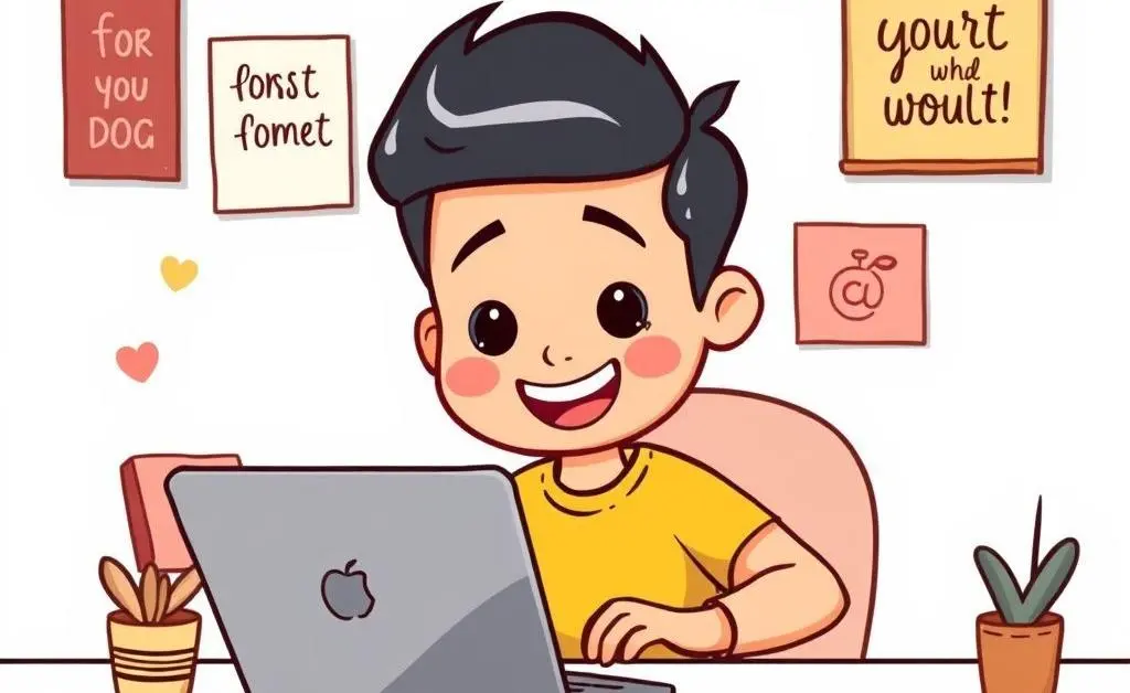 A cartoon character happily working on a laptop with inspirational decor around.