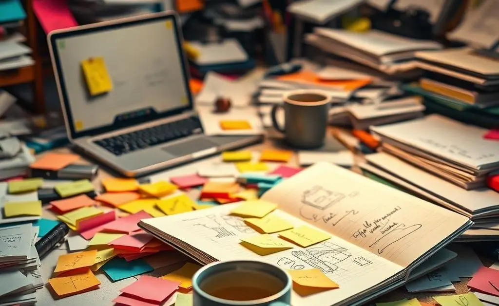 A creative workspace filled with notes and coffee, showing an active work environment.