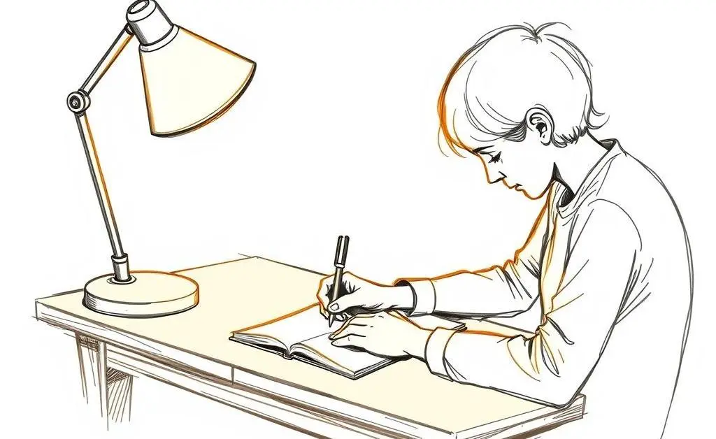 Person writing in a journal at a desk with a warm lamp