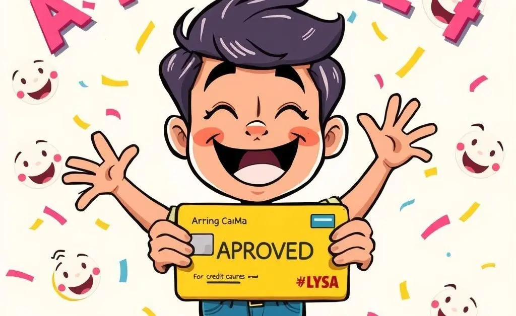 Cartoon-style image of a person happily receiving a credit card approval