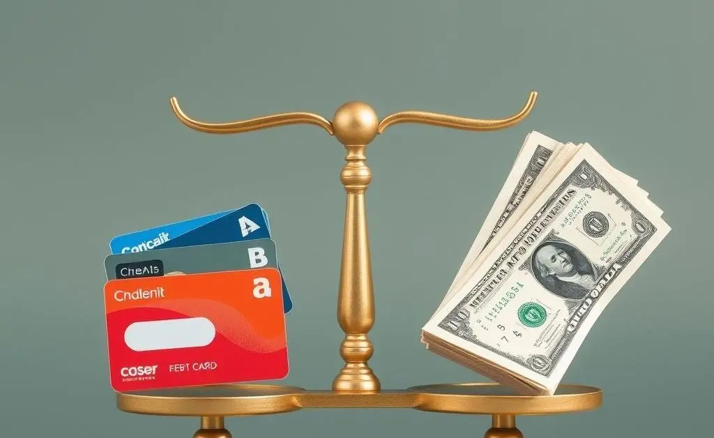 A balanced scale with credit cards on one side and cash on the other