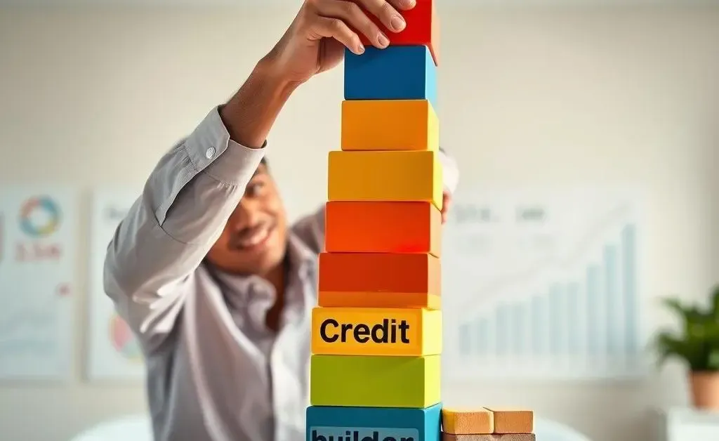 Person adding blocks to a tall building labeled as a 'credit builder loan'