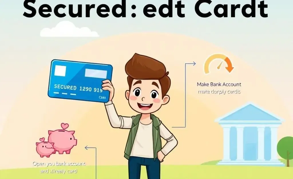 A simple step-by-step cartoon diagram showing the process of building credit with a secured card.