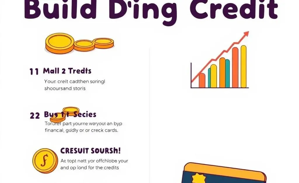 A checklist of steps to building credit with illustrations of coins, graphs, and a credit card