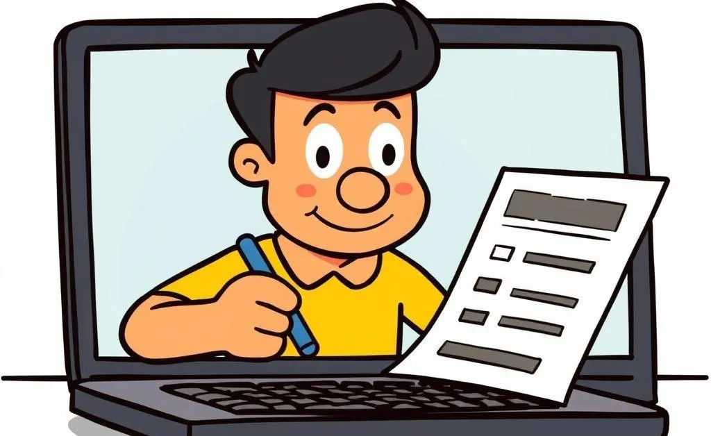 Cartoon character filling out a credit card application on a laptop.