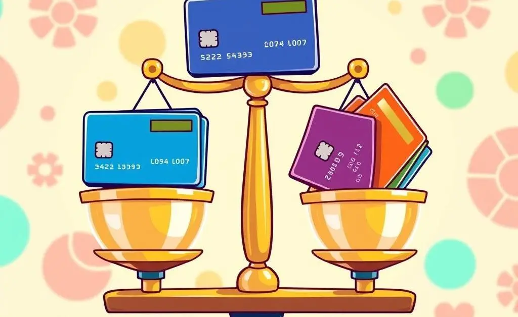 A cartoon-style image of balancing various credit cards on a scale
