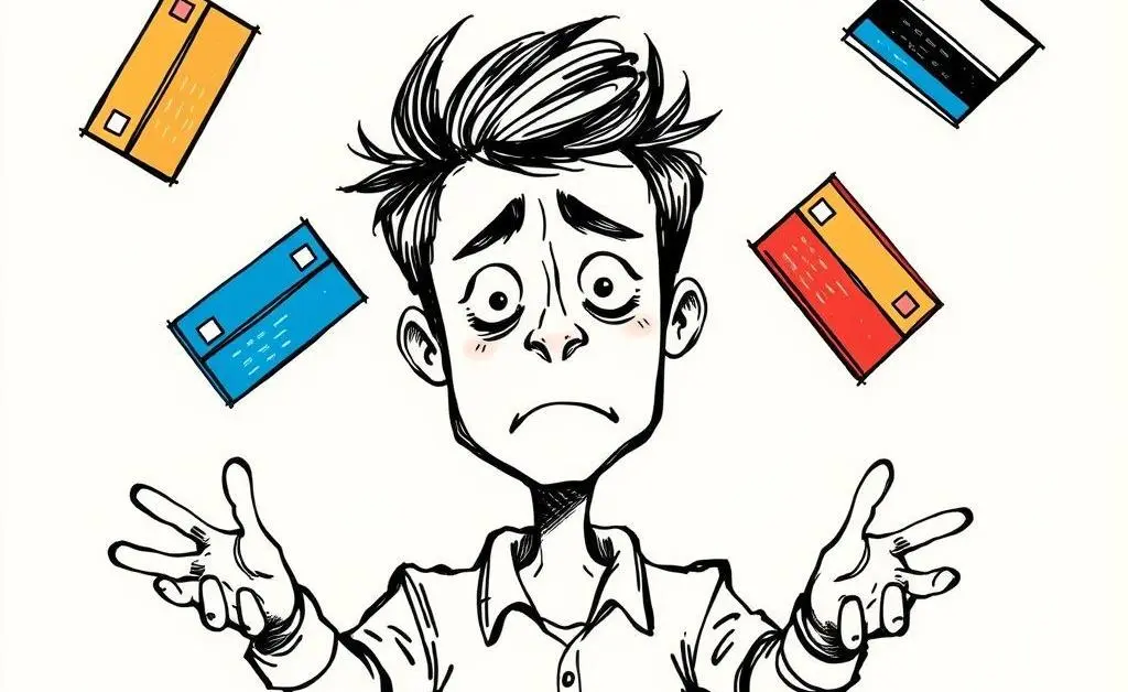 Person juggling multiple credit cards with a confused look