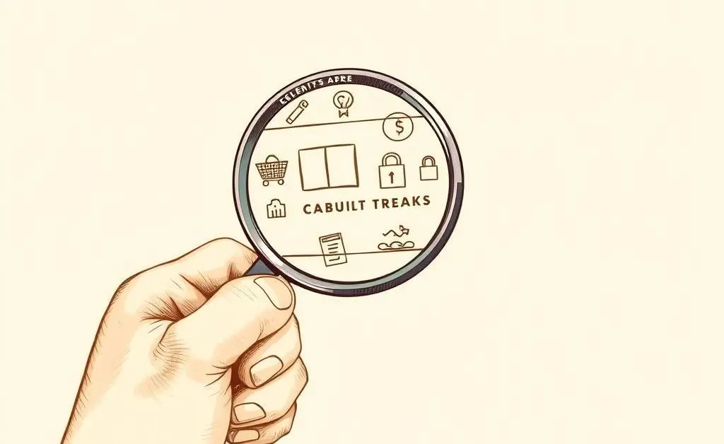 A hand holding a magnifying glass examining the benefits of a credit card, in a hand-drawn style.
