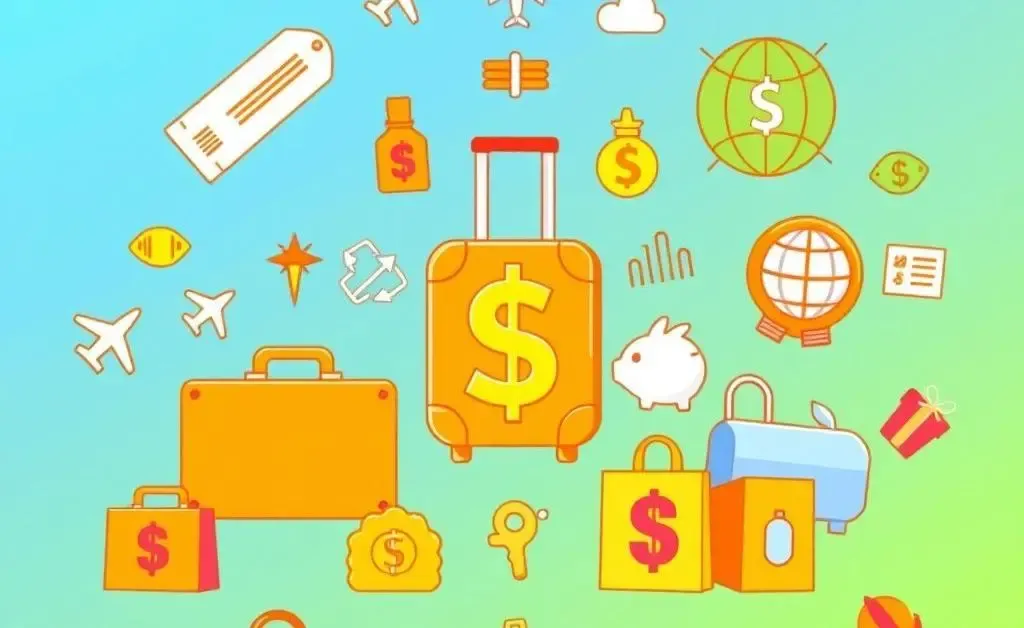 Illustration of various icons representing travel benefits, cashback, and shopping rewards