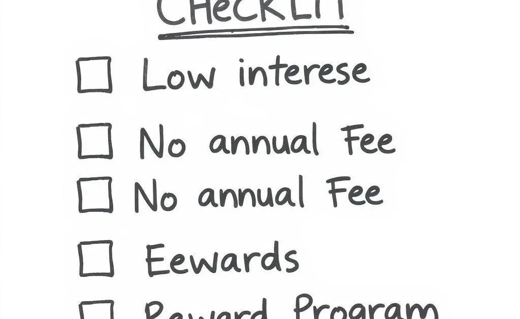 Hand-drawn checklist with items like 'Low Interest', 'No Annual Fee', and 'Rewards Program'.