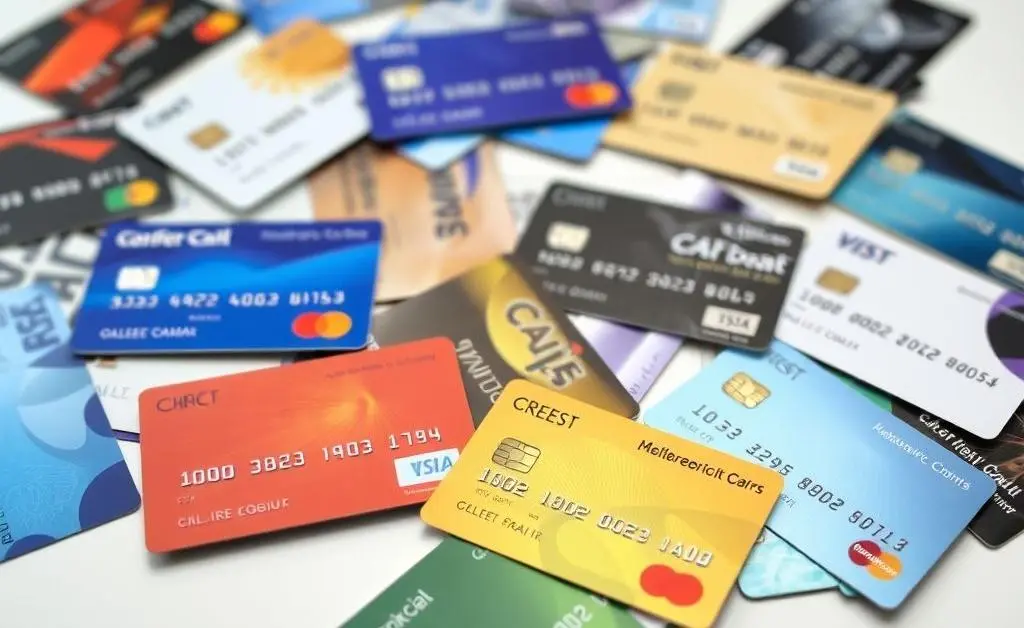 A variety of credit cards laid out on a table, showing different designs and colors.