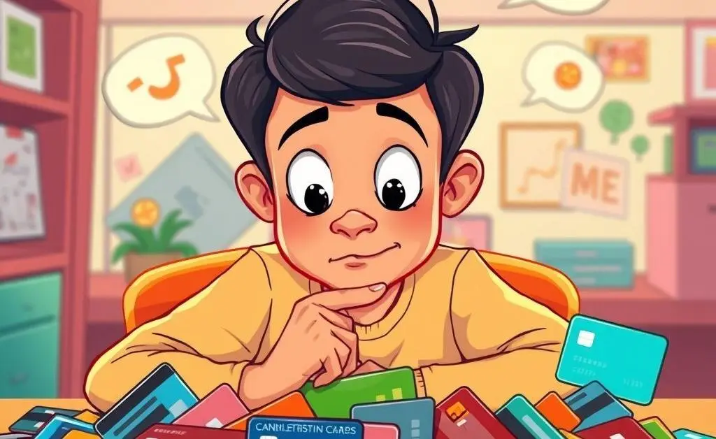 A cartoon image of a person surrounded by a variety of credit cards, looking thoughtfully at the options.
