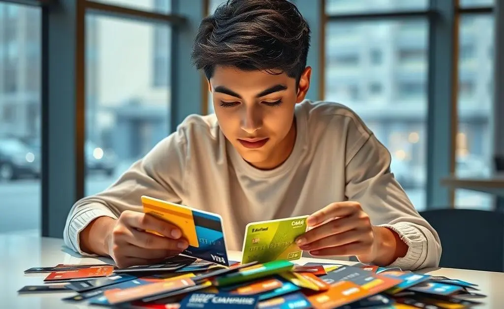 Young adult looking at a variety of credit card options displayed on a table.