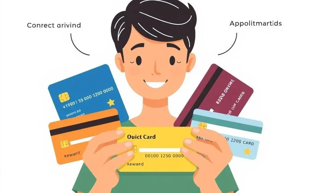 An illustration showing a person holding multiple credit cards, each offering different rewards and benefits.