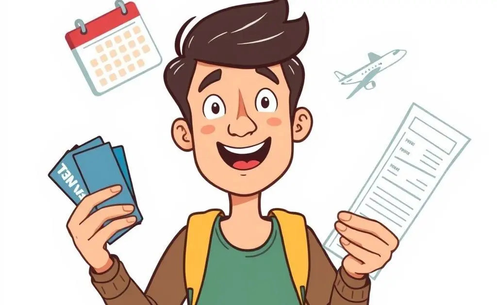 Person juggling credit cards, a calendar, and an airfare ticket