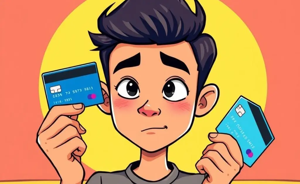 Illustration of a person comparing credit cards thoughtfully.