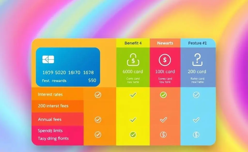 A simple, colorful chart comparing different credit card features.