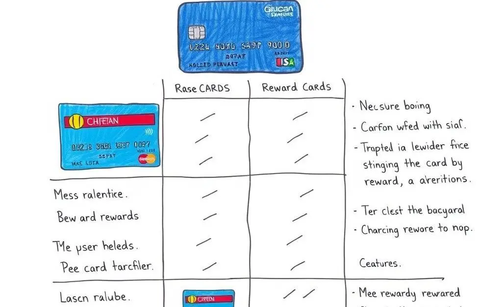 A hand-drawn comparison chart of different credit cards highlighting their rewards and features