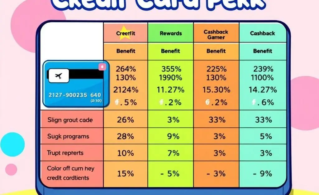 A cartoon-style table comparing credit card benefits, showing percentages, and cashback options.