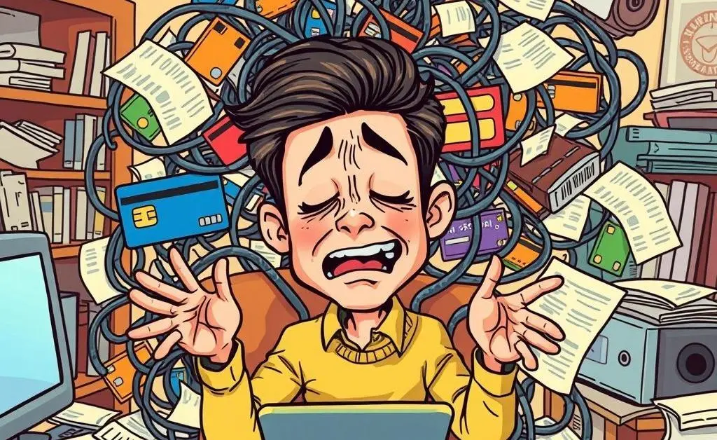 A person surrounded by credit cards and bills