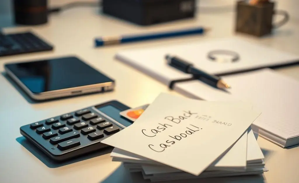 A tidy workspace with a calculator, a credit card, and notes about cashback opportunities