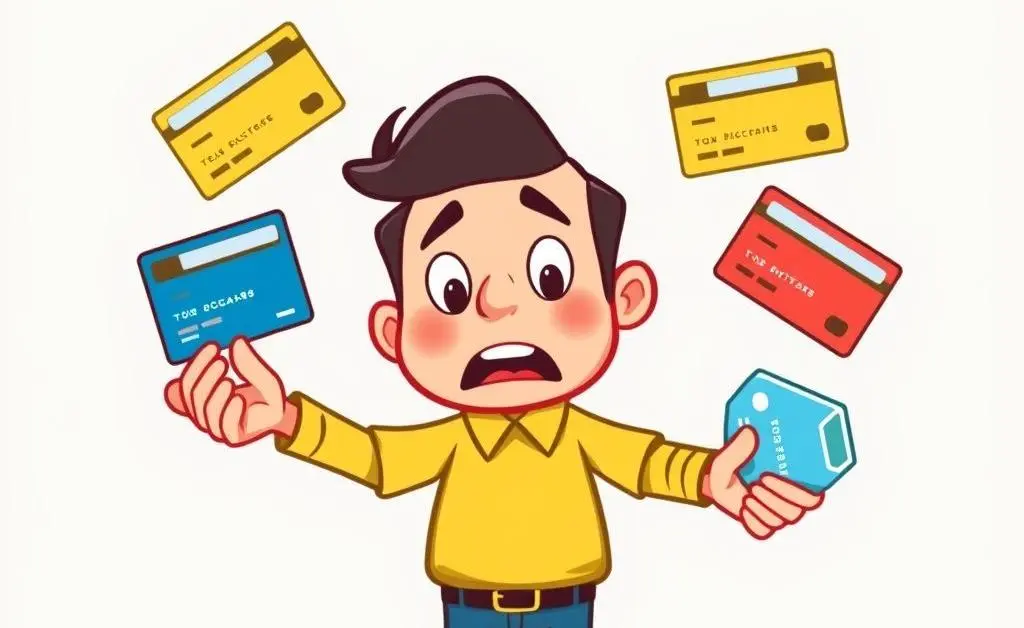 Cartoon character juggling multiple credit cards