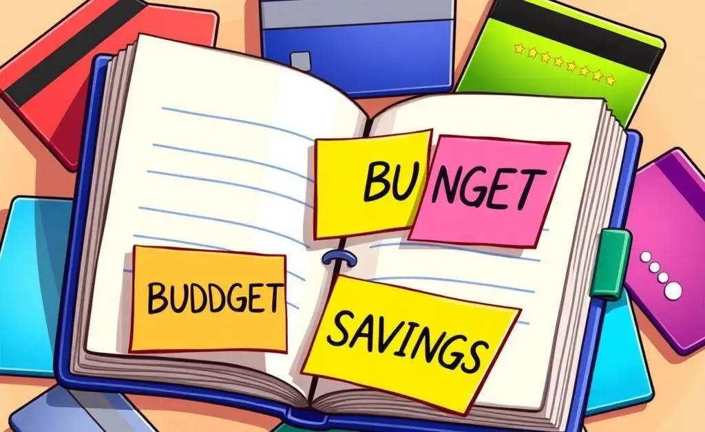 A planner with credit cards and sticky notes labeled 'GOALS', 'BUDGET', and 'SAVINGS'