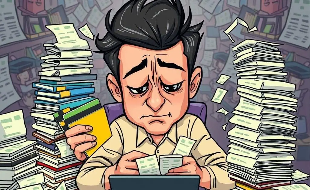 Cartoon showing a person surrounded by credit cards and bills, appearing overwhelmed.