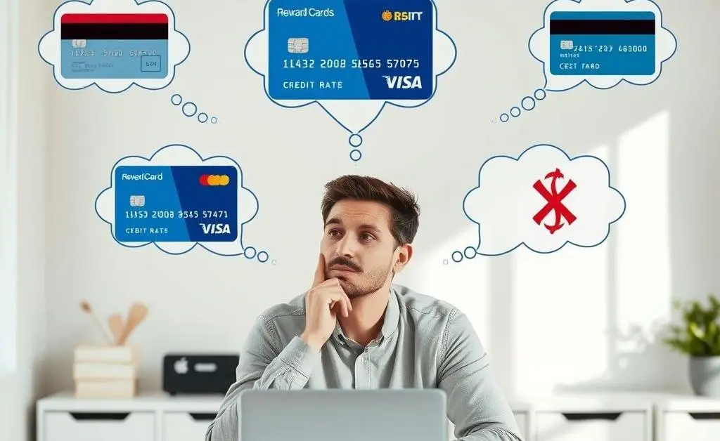 A person contemplating different credit cards with thought bubbles showing pros and cons of each.