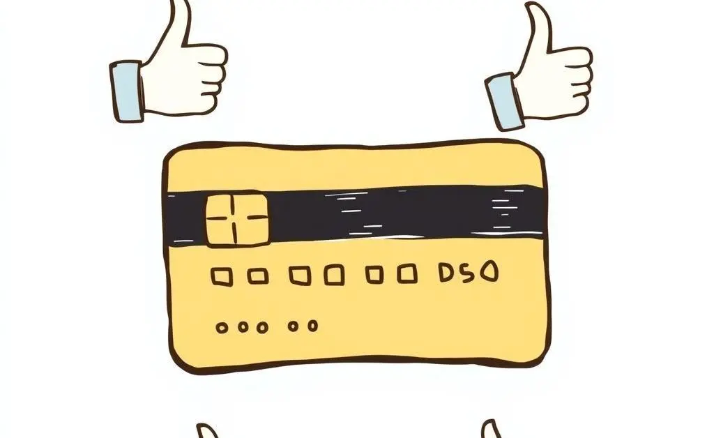 A hand-drawn style illustration of a credit card with thumbs up symbols surrounding it.