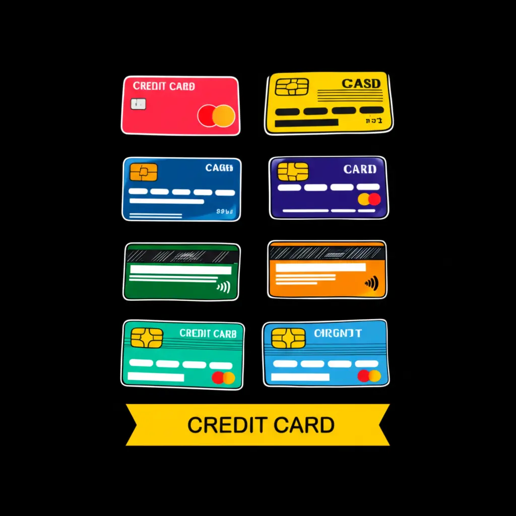Various credit cards with cartoon-style designs.