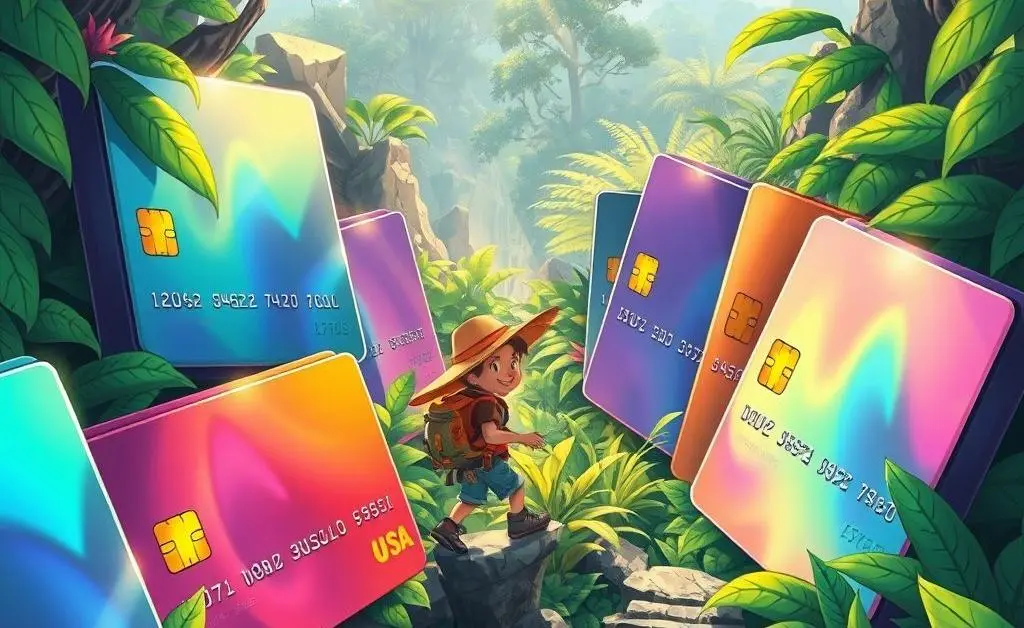 Person navigating through a jungle of credit cards