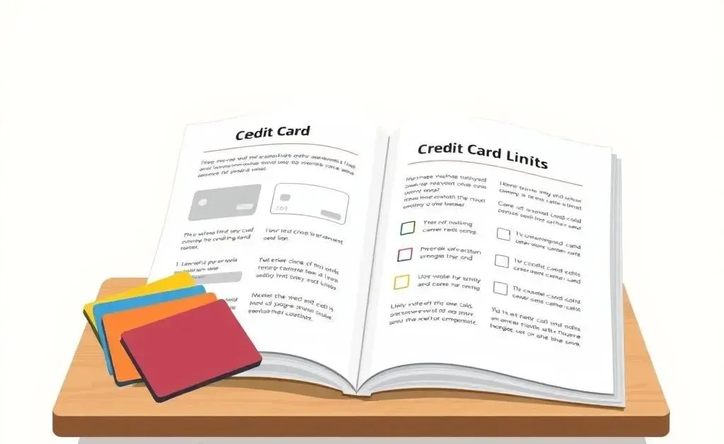 Illustration of a simple guide or manual on credit card limits on a desk.