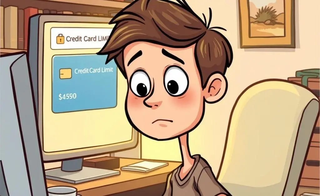 A cartoon depicting a person looking puzzled at credit card limits on a computer screen