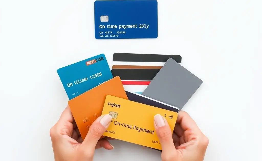 A minimalist image of a person organizing credit cards neatly with labels like 'on-time payment' and 'low balance'.