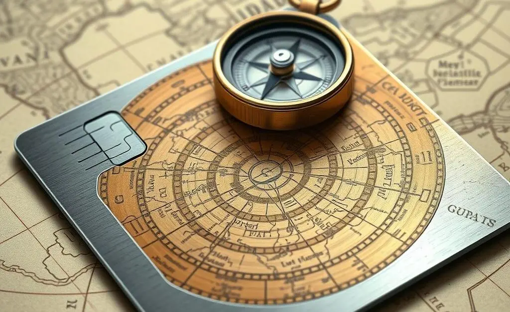 Illustration of a credit card maze with a map and compass