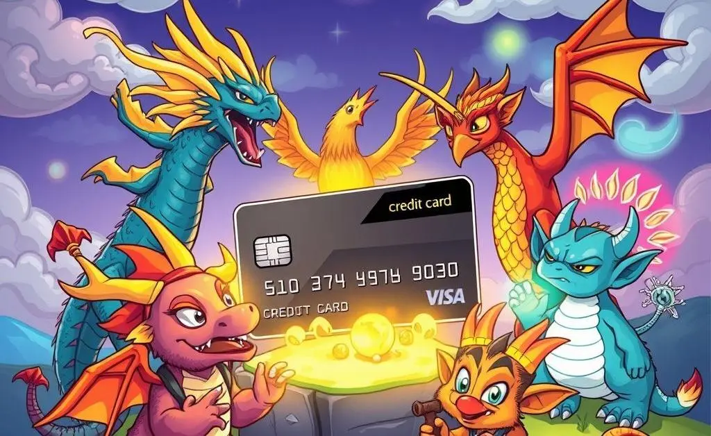 Mythical creatures surrounding a credit card, representing myths around credit cards