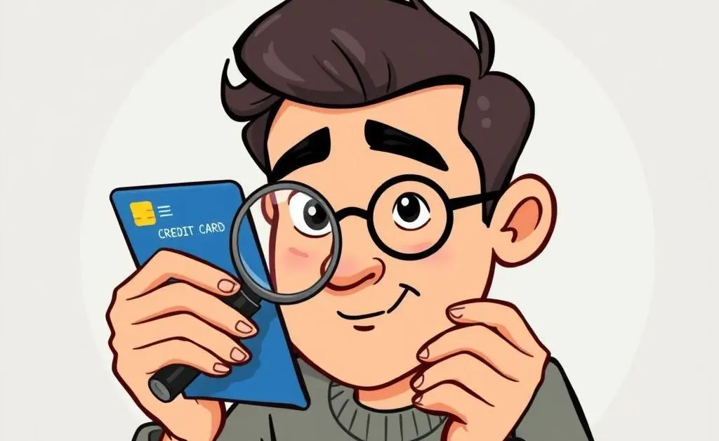 Person thoughtfully analyzing a credit card offer with a magnifying glass